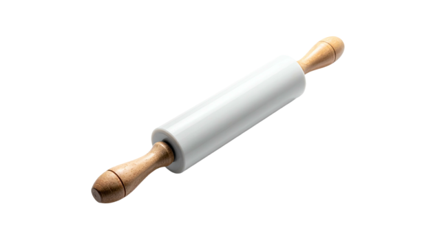 White rolling pin with wooden handles on black