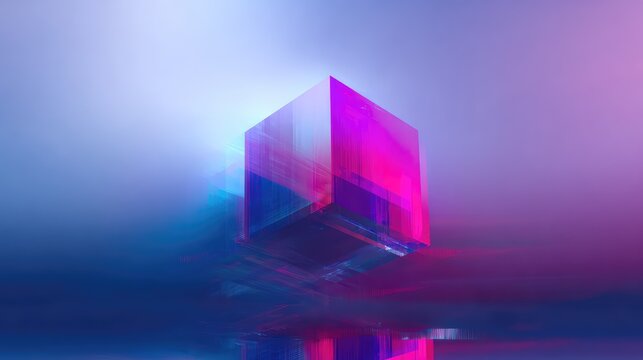 Glitch art neon cube radiating digital energy