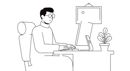 Man working at computer illustration remote work office setup desk