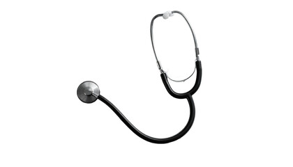 Classic, black stethoscope with silver bell on a black backdrop