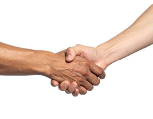 Close-up view of two hands clasped in a handshake, showcasing skin tone difference, with a solid black background