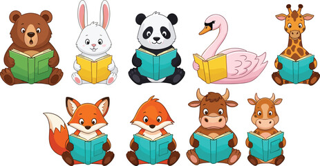 Cartoon animals reading books, cute animal illustration, educational animal characters, children learning, animal group reading, colorful book scene