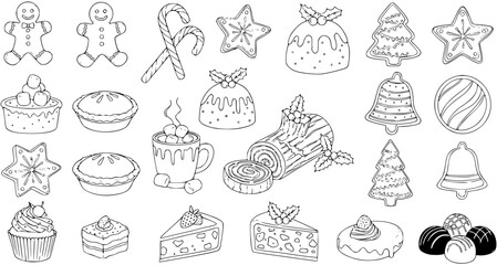 Hand-drawn Christmas Desserts and Sweets Doodle Set. Outline collection of festive cakes, cookies, gingerbread, pies, and hot chocolate for holiday design.