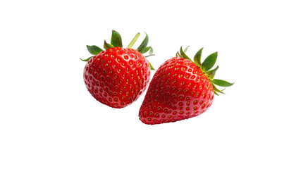 Two vibrant red strawberries with green stems on black