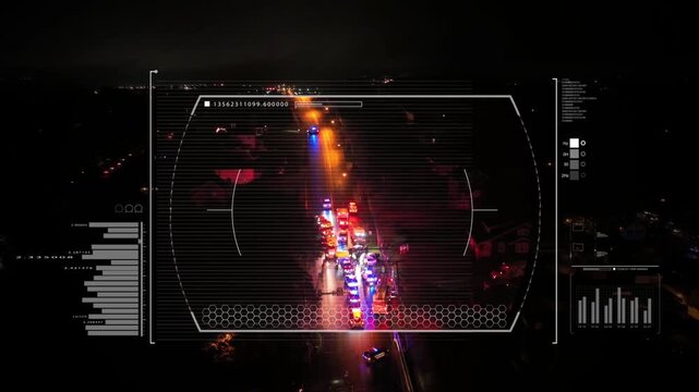 Nighttime footage of an accident scene. Emergency vehicles, flashing lights, and responders. Dramatic urban nighttime atmosphere with police activity. Animation of HUD, data tracking, zoom in.