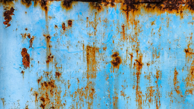 Rusty metal texture with worn blue paint and scattered orange rust stains across corroded steel. Horizontal rustic surface great for grunge artwork, industrial concepts, and abstract design use.