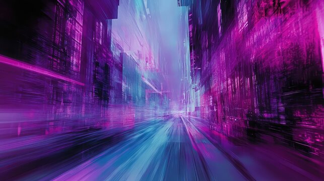 Abstract speed light trails in futuristic neon cityscape