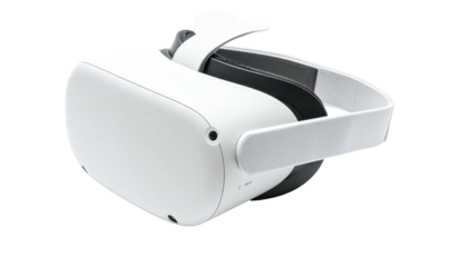 White VR headset, black inner rim, angled, on black