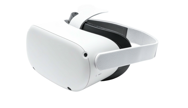 White VR headset, black inner rim, angled, on black