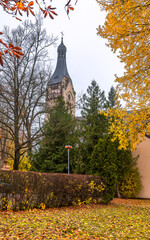Old Lutheran church seen through autumn branches of trees 