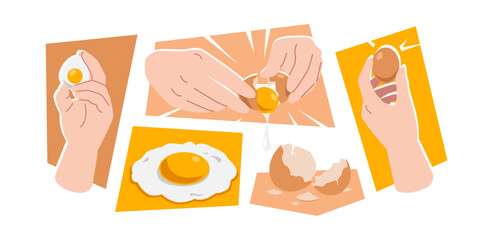 Egg collection hand with boiled egg, whole egg, cracking, fried egg, and eggshell. Vector illustration.