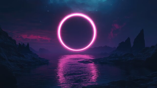 Glowing neon portal above water in surreal night landscape