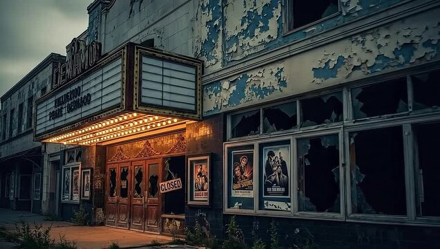Abandoned Cinema Theater Exterior with Marquee and Posters.
