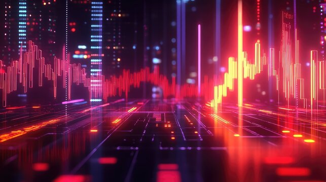 Neon digital stock market data charts displaying financial trends