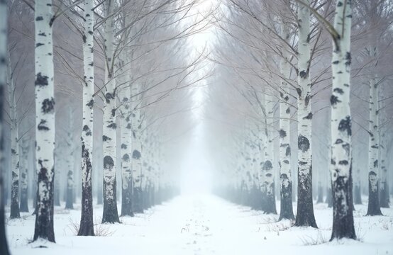 Straight path through a winter birch forest. Tall white trees with dark markings form an avenue leading into misty distance. Snow covers the ground, creating a serene, cold, natural landscape scene.