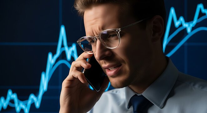Concerned businessman on the phone with a stock market graph in the background