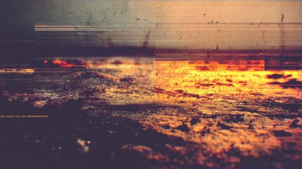 Glitch art sunset landscape with digital distortion and warm colors