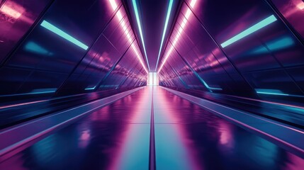 Futuristic neon lit tunnel leading to light