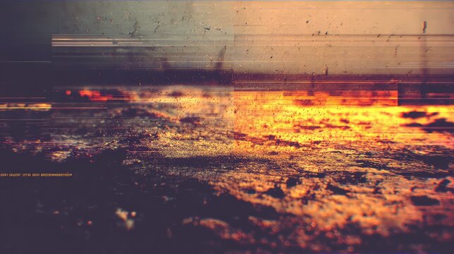 Glitch art sunset landscape with digital distortion and warm colors