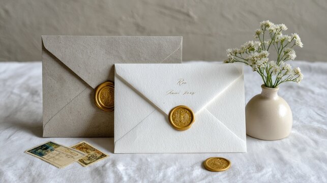 Elegant envelopes with wax seals and vintage stamps