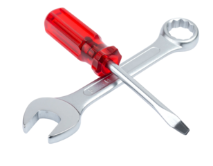 Close-up studio shot featuring a crossed-over screwdriver with a red handle and a metal wrench, against a black backdrop