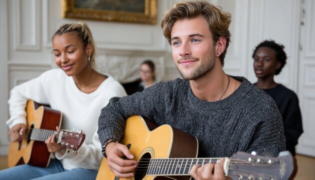 Young musicians enjoying a guitar jam session together