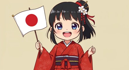 Harmony in Heritage: A cheerful illustration of a young girl embraces her cultural heritage, proudly displaying the flag of Japan. This image conveys a sense of pride and cultural identity.