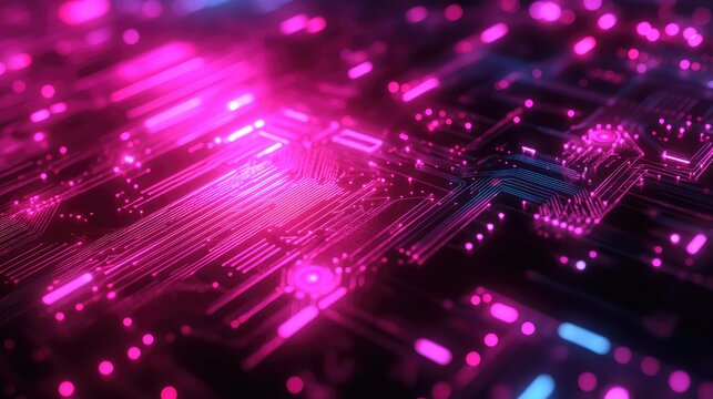 Glowing pink circuit board processing digital data