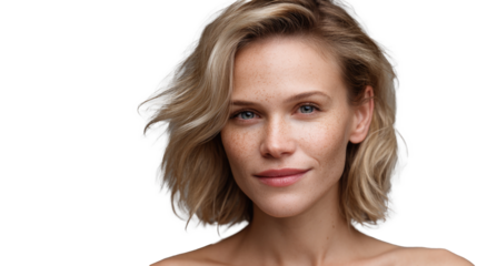 Transparent PNG Close-Up of a Wavy-Haired Caucasian Woman with a Warm and Peaceful Gaze
