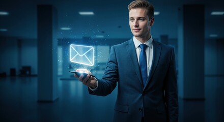 Digital Communication: A sophisticated businessman, exuding confidence, uses technology to streamline communication, showcasing the future of email.