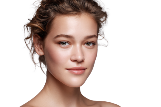 Transparent PNG Close-Up of a Radiant Eurasian Woman Gently Touching Her Cheek with a Calm Serene Expression
