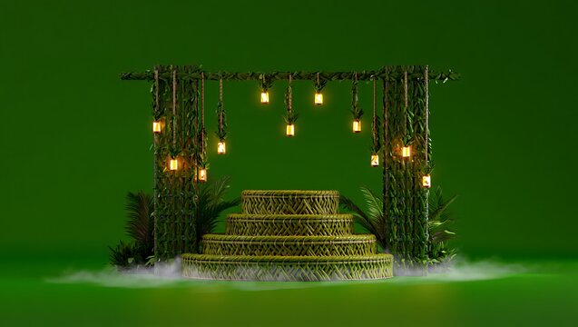 Mysterious jungle altar with glowing lights and fog
