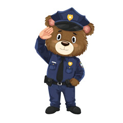 Cute cartoon bear police officer saluting.