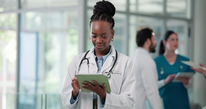 Typing, doctor and woman in hospital, tablet and healthcare with online schedule, app and email. Person, medical service and professional in clinic, tech and research with progress report and results