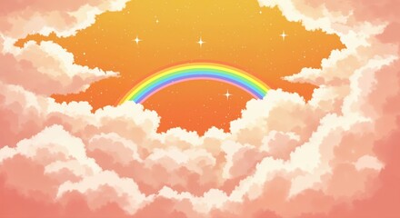 Naklejka premium Rainbow in the Clouds: A vivid rainbow arches gracefully across a pastel sky, nestled within fluffy clouds, symbolizing hope and joy