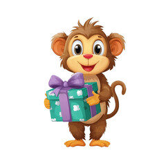 Playful monkey holding a festive gift box.