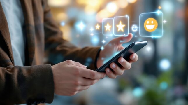 Digital Interface: A person interacts with a digital interface, evaluating the satisfaction, represented by stars and a happy face, reflecting the experience of using the digital product.