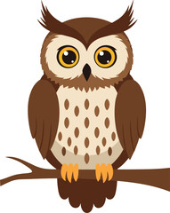 Cartoon owl with yellow eyes perched on tree branch, beige and brown feathers, symmetrical design on white background