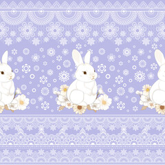Cute cartoon baby bunny with Lace flower vintage illustration vector design for a happy Easter spring greeting card