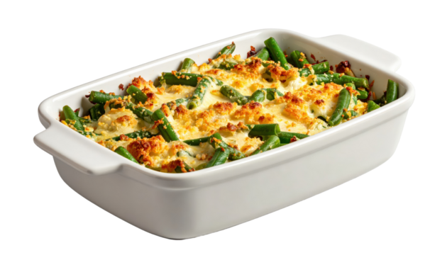 Delicious Green Bean Casserole with Creamy Sauce and Toasted Breadcrumbs in a White Baking Dish