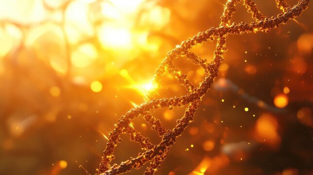 Golden glowing dna strand representing biology and genetics