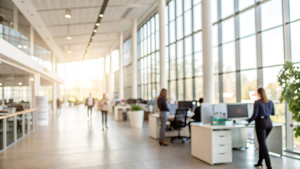 Bright and spacious office space in an unfocused view. Modern blurred background photo for banner, poster or magazine and website background