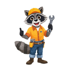 Cheerful raccoon mechanic character with tools.