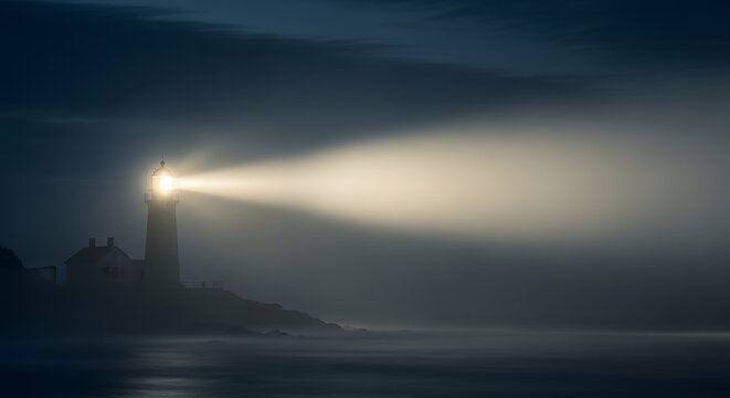 Dramatic coastal lighthouse scene at night , Powerful guiding beam illuminates a foggy coastline at night with a solitary lighthouse