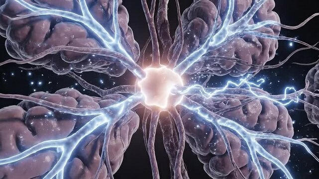 Detailed 3D Medical Animation Depicting Neuronal Network Activity and Brain Function with Glowing Electrical Impulses on a Dark Background