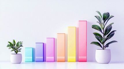 A visual representation of growth and success, featuring a bar graph with colorful ascending bars and two potted plants.