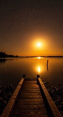 Fototapeta premium Moonlit Pier: A serene evening scene unfolds as a wooden pier extends towards a glowing moon over tranquil water, reflecting the starlit night sky, creating a captivating visual of calm and mystery.