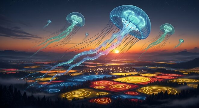 Magical sunset over a city of lights with giant ethereal jellyfish. - Powered by Adobe