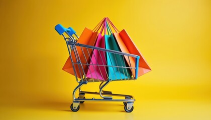 Miniature shopping cart full of paper bags in various bright colors. Shiny metal cart with blue handles sits on plain yellow background. Represents buying, retail, and consumerism.