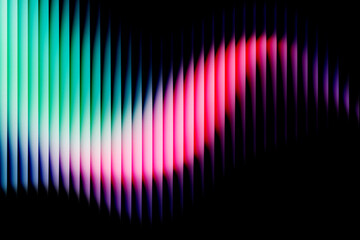 Abstract technology background with vertical lines. Digital sound wave or equalizer spectrum with neon green and pink gradient. Grainy texture on black.